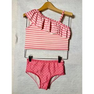 RuffleButts Girls Pink Striped One‎ Shoulder Ruffle Bikini Heart Swimsuit Size 7